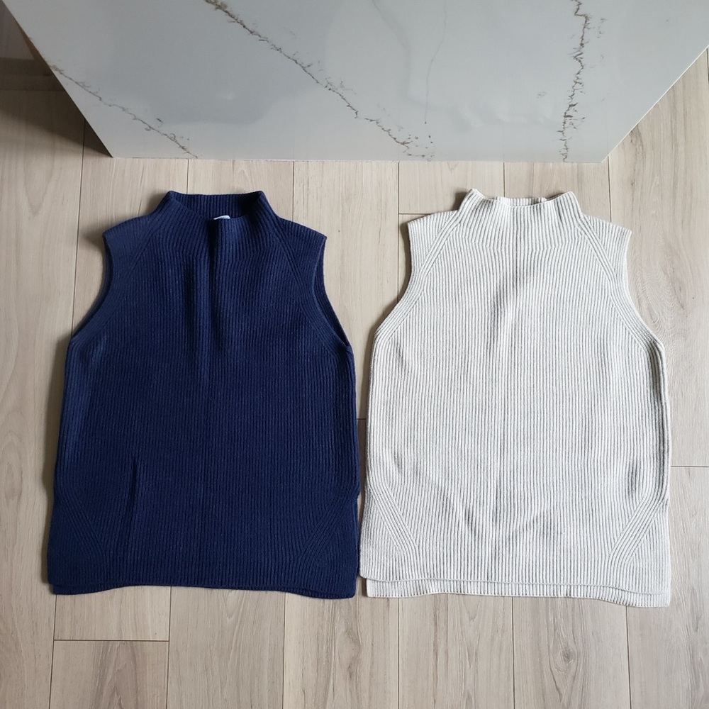 Ann Taylor Weekend Sweater Vest Womens L Navy Cream Cable Knit Top